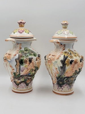 Vintage Set Of 2 Capodimonte Italy Porcelain Cherrubs Handpainted Lidded Urns.