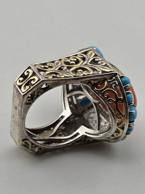 Rare 925 Sterling Silver Coral Turquoise Filigree Statement Ring Artisan Size 9