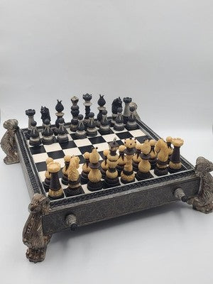Rare Vintage Large Renaissance Style Resin Chess Set w Drawer Medieval Board 16”