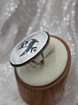 VTG  TAXCO M-5 MEXICO STERLING SILVER RING WITH BIRD INLAY MULTI COLOR STONES