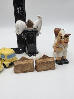 Vintage Lot Of 4 Slat & Pepper Shaker Taxi Cab Alamo Bride Groom Baseball Figure