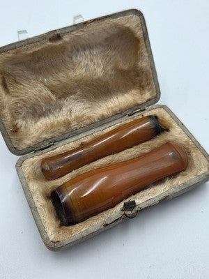 19th C Antique Victorian Natural Amber Cigar Cigarette Holders Cased Smoking Set