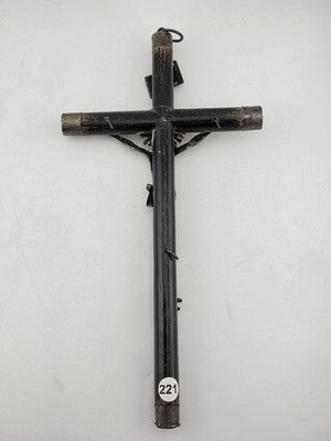 Antique 19th C Crucifix Metal Jesus On Wood Cross W Rare Tips Memento Mori Skull