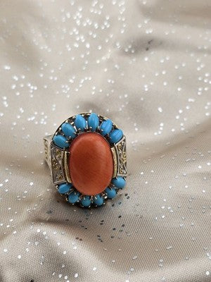 Rare 925 Sterling Silver Coral Turquoise Filigree Statement Ring Artisan Size 9