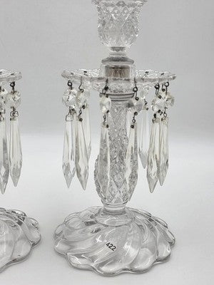 VINTAGE DUNCAN MILLER AMERICAN SANDWICH PAIR CANDLESTICKS W/BOBECHES AND PRISMS