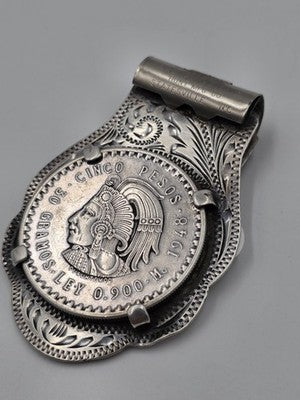 Rare OOAK Sterling Silver Money Clip w 1948 Mexico 5 Pesos Cuauhtemoc Coin 59.4g