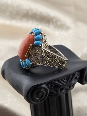 Rare 925 Sterling Silver Coral Turquoise Filigree Statement Ring Artisan Size 9
