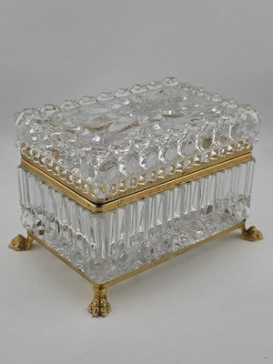 French Baccarat Style Jewelry Casket Footed Box Heavy Crystal Glass Hinged Lid