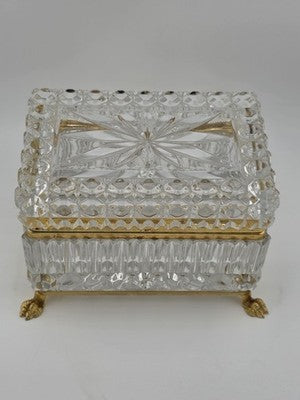 French Baccarat Style Jewelry Casket Footed Box Heavy Crystal Glass Hinged Lid