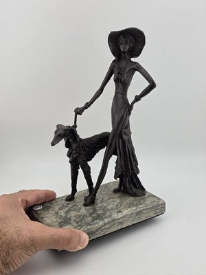 Rare 1930's Art Deco French Bronze Sculpture of Lady Walking Her Greyhound Dog.
