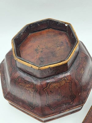 Early 19th C Chinese Qing Dynasty Red Lacquer Wedding Gift Basket Gilt Figures