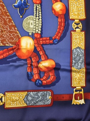 Hermès Silk Scarf 90 “Tibet” Cathy Latham Blue Red Gold Tibetan Jewelry Motif