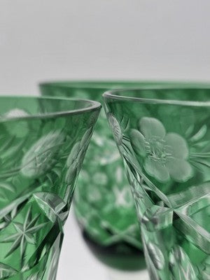 Set Of 4 Vintage Bohemian Czech Emerald Green Cut Crystal Wine Goblets. 7.75".