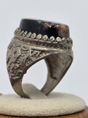 Antique Handcrafted Men Sterling Silver 925 Natural Dark Aqeeq Agate Ring Sz 9.