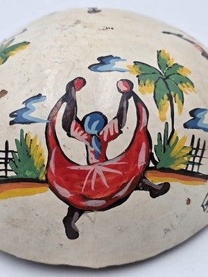 Antique 1930's Haitian Folk Art Coconut Shell Calabash Hand Painted Bowl Signed