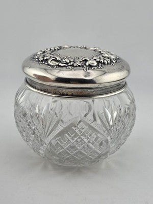 Antique Watson Sterling Silver Floral Lid Cut Crystal Vanity Jar C1900 Fine 925