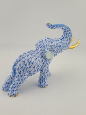 Herend Blue Fishnet Charging Elephant Figurine VHB Artist Signed Vecsey Tamas