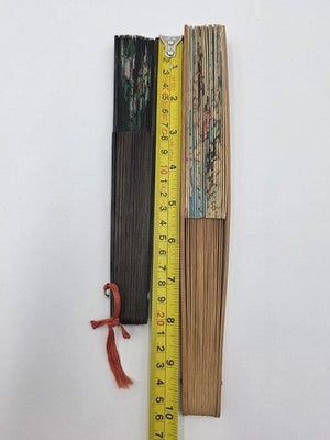 Pair Of Chinese Fan Immortals Hand Colored Silk Carved Wood 24" Calligraphy Back