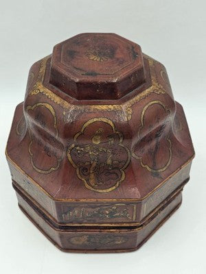 Early 19th C Chinese Qing Dynasty Red Lacquer Wedding Gift Basket Gilt Figures