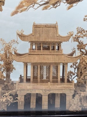 Large Scale Antique Chinese Carved Cork Diorama in Ebonised Glass Display Case
