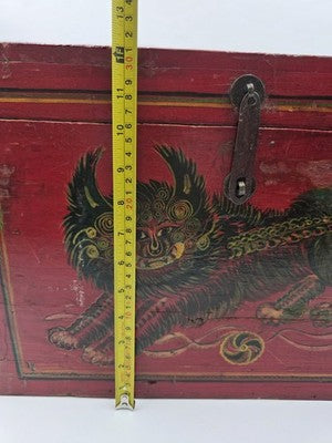 Rare XL Antique 19th C Distressed Tibetan Style Foo Dog Lion Storage Chest Box.