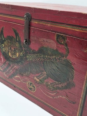 Rare XL Antique 19th C Distressed Tibetan Style Foo Dog Lion Storage Chest Box.