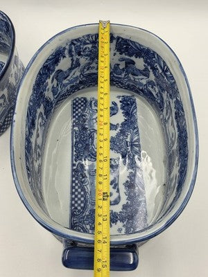 Pair XL Blue White Transferware Cachepot Jardiniere Planters Farm Animal Decor