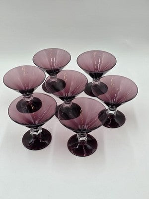 ANTIQUE SET OF 7 MID CENTURY BRYCE WILMINGTON AMETHYST 5 1/2" CHAMPAGNE GLASSES.