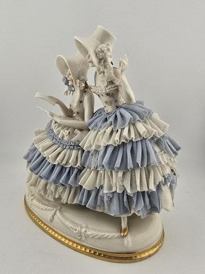 Antique Sitzendorf Dresden Lace Figurine 2 Victorian Ladies Germany Porcelain