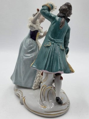 Vintage German Dresden Lace Porcelain Courting Couple Figurine Hand Painted 7.5"