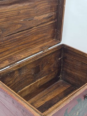 Rare XL Antique 19th C Distressed Tibetan Style Foo Dog Lion Storage Chest Box.
