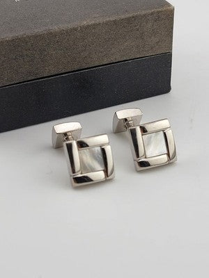 Rare Vintage Hugo Boss - Silver-Tone Mother-of-Pearl Cufflinks - Original Box.