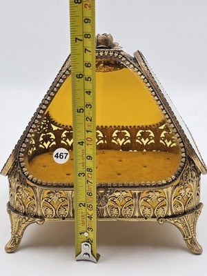 Antique Ornate Gilt Ormolu Vanity Set Amber Glass Jewelry Casket Mirror Brush