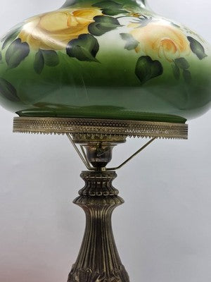 Antique Victorian Style Hurricane Lamp Electric Floral Shade Ornate Brass Base