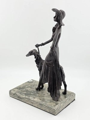 Rare 1930's Art Deco French Bronze Sculpture of Lady Walking Her Greyhound Dog.