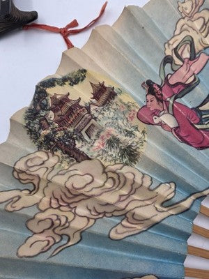 Pair Of Chinese Fan Immortals Hand Colored Silk Carved Wood 24" Calligraphy Back