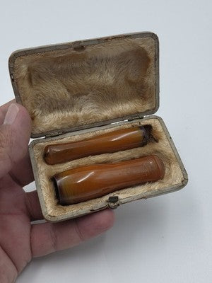 19th C Antique Victorian Natural Amber Cigar Cigarette Holders Cased Smoking Set