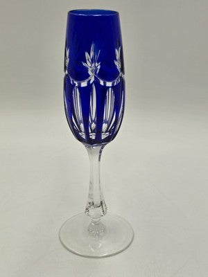 Vintage Ajka Rene Cobalt Blue Cut to Clear Crystal Champagne Flutes Rare Pattern