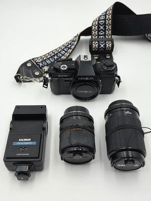 Vintage Minolta X-370s 35mm SLR Kit 2 Lenses Flash Clean Working w/ Case
