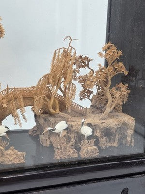 Large Scale Antique Chinese Carved Cork Diorama in Ebonised Glass Display Case