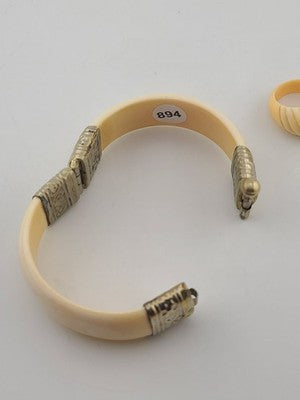 Rare Antique Set Of Bone Bracelet & Ring Intricate Hand Tooled Sterling Silver