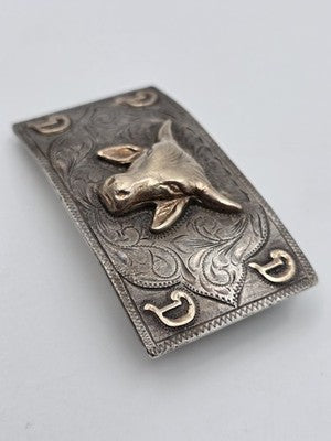 Nelson Co Sterling Silver 10K Solid Gold Bull Head Western Belt Buckle Engraved.