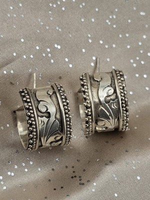 Rare Vintage Sterling 925 Wide Hoop Earrings Floral Scroll Beaded Navajo Style.
