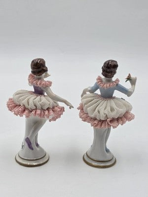 Vintage Dresden Style Porcelain Lace Ballerina Dancer Figurines Pair German 4"