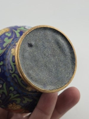 Rare Vintage Chinese Cloisonne Enamel Butterfly Floral Vase w Wood Stand Blue
