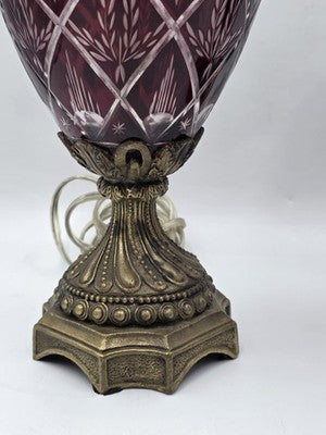 Pair Bohemian Ruby Red Crystal Lamp, Cut-to-Clear Czech Glass, Hollywood Regency