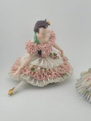 Pair Antique Dresden Lace Ballerina Figurine Dancer Handarbeit Germany Porcelain