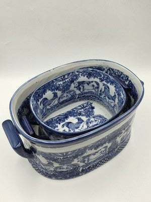 Pair XL Blue White Transferware Cachepot Jardiniere Planters Farm Animal Decor