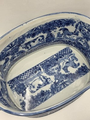 Pair XL Blue White Transferware Cachepot Jardiniere Planters Farm Animal Decor