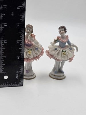 Vintage Dresden Style Porcelain Lace Ballerina Dancer Figurines Pair German 4"